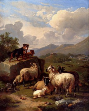 À l’affût Eugène Verboeckhoven moutons animal Chien Peinture à l'huile